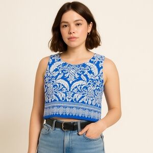 Rachel Zoe Blue Linen Blend Cropped Blouse – Size S